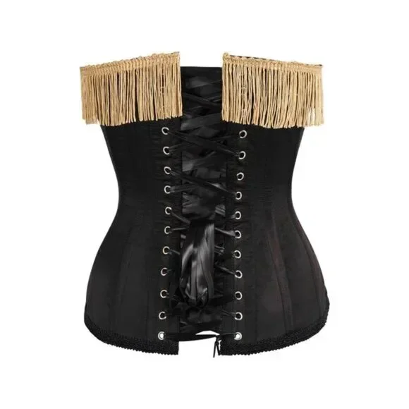 Burlesque Black/Dark Red Steel Boned Corset w/Gold Fringe